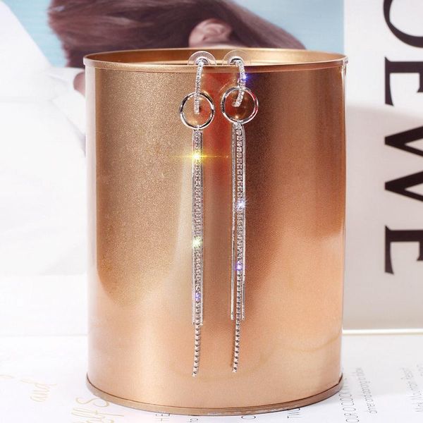 

hoop & huggie fashion long alloy rhinestone earrings gold color tassel small circles for women wedding jewelry, Golden;silver