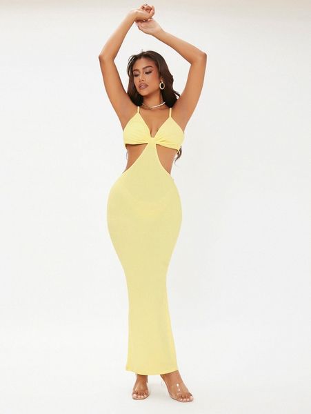 

sxy cut out waist twist ruched mermaid hem cami dress b2yz#, Black;gray