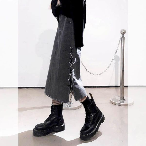 

skirts vintage split skirt women mid-length spring autumn korean punk high waist denim hip cool girl's light up street bottom, Black