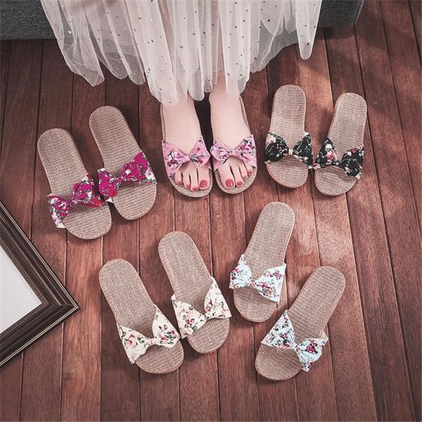 

slippers suihyung women flax summer indoor home floral bow ladies casual flat slides sandals woman linen flip flops, Black