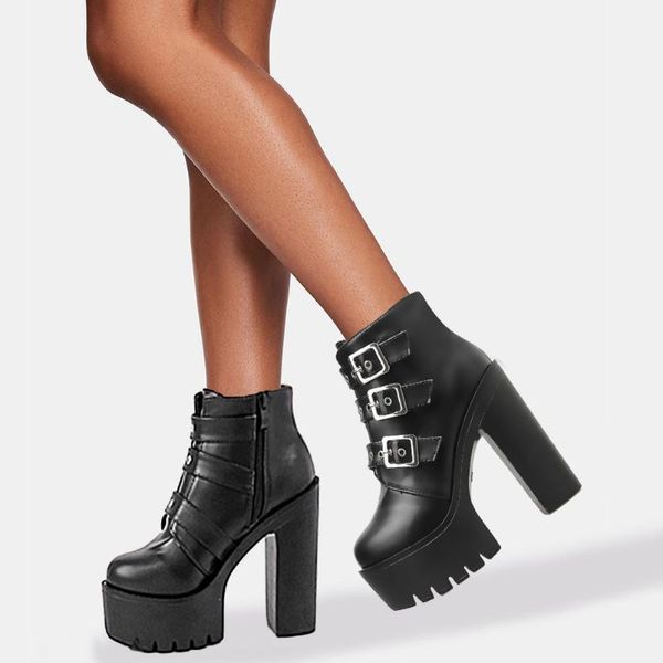 

boots brand quality high heels platform fashion leisure motorcycles party winter belt buckles shoes women, Black