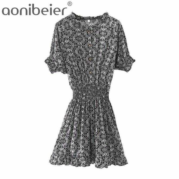 

vintage printed elastic waist mini dress summer short sleeve thin casual button front ruffles hem a-line 210604, Black;gray