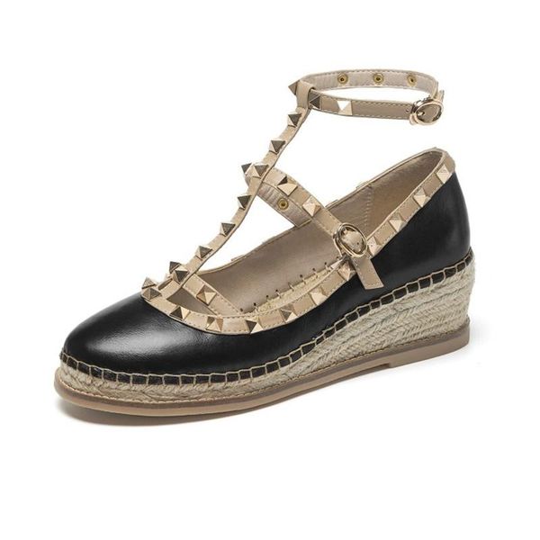 

dress shoes brand rivet wedge woman ankle strap handmade platform women high heels quality, Black