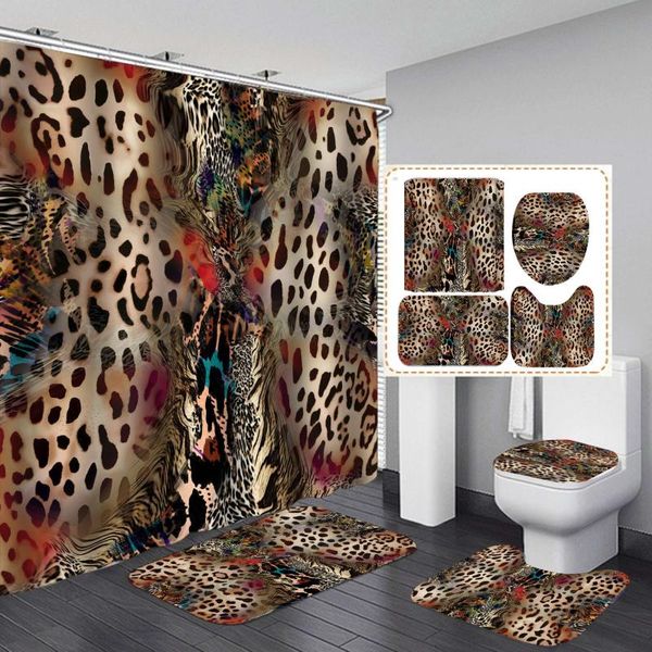

shower curtains leopard pattern print curtain 4 piece carpet cover toilet bath mat pad set bathroom with 12 hooks