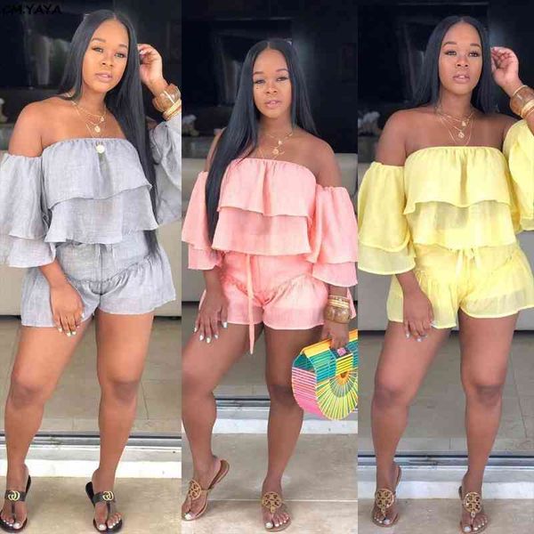 

women summer off shoulder cascading ruffles sleeve blouses amp shorts suit two piece set fashion beach ld8341, Gray