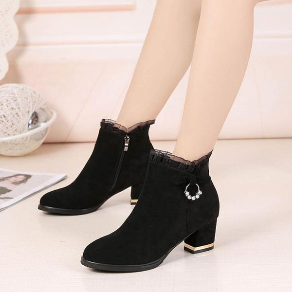 

boots winter crystal boot for lady warm zipper thick heels flock short bootie bota feminina comfortable women shoes black