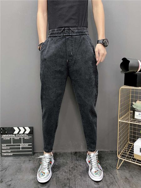 

net red matching slim pants autumn and winter men's solid color small leg denim trousers binding feet big crotch harlan nine point over, Blue