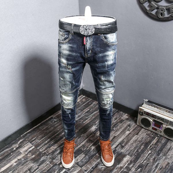 

hole jeans men's fashion brand casual slim pants elastic personality leggings trend spring and autumnwinter, Blue