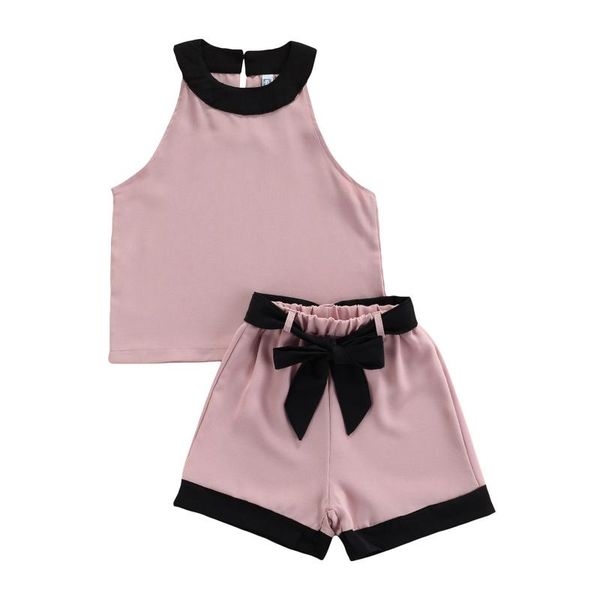 

clothing sets baby girls 3-9y infant kids casual two-piece clothes set, pink round collar sleeveless and elastic waist shorts, White