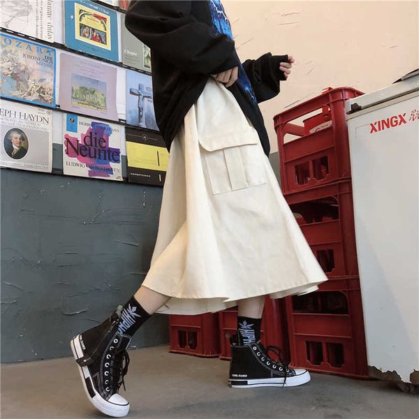 

streetwear loose casual solid color pocket big size fashion harajuku punk vintage hip-hop summer women college high waist skirt 210608, Black