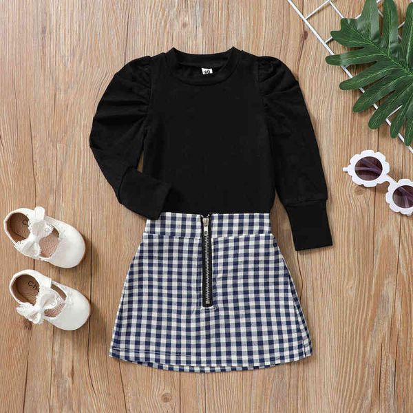 

toddler baby girl fall outfits clothing set, long sleeve t shirts +plaid zipper skirts 2 pcs outfits g220217, White
