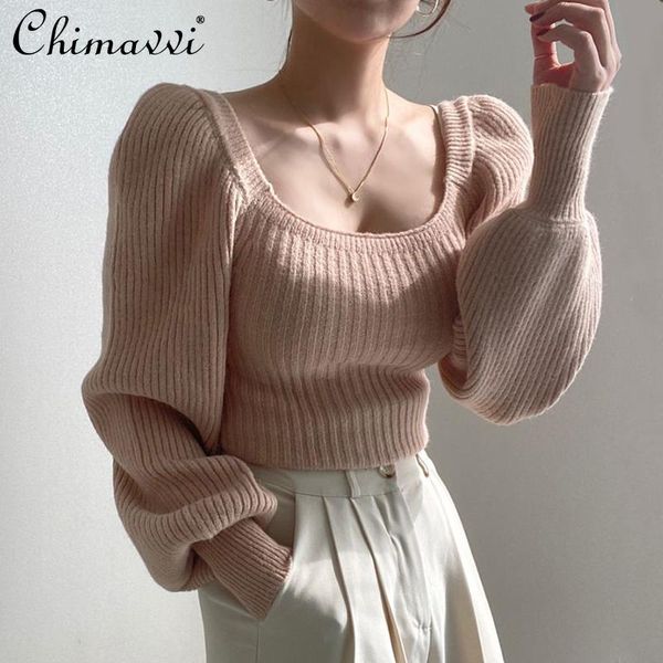 

2021 autumn and winter new short casual pullover sweater women's solid color slim fit all-match lantern long-sleeved knitted top, White;black