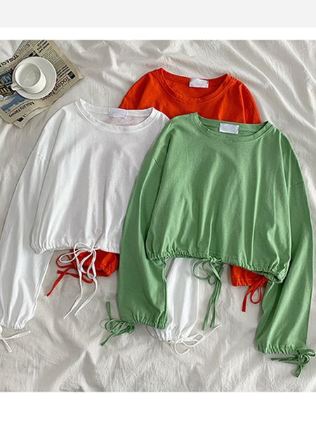 

long-sleeve short around female neck loops all-match pure cotton shirt early autumn korean version of the bf harajuku style jbo9, White