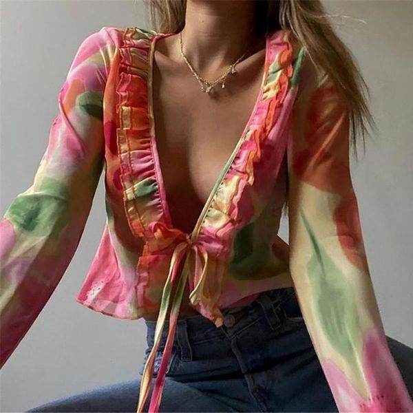 

women's blouses & shirts tossy fashion boho ruffle blouse see-through lace v-neck for women long sleeve summer shirt party beach cropp, White
