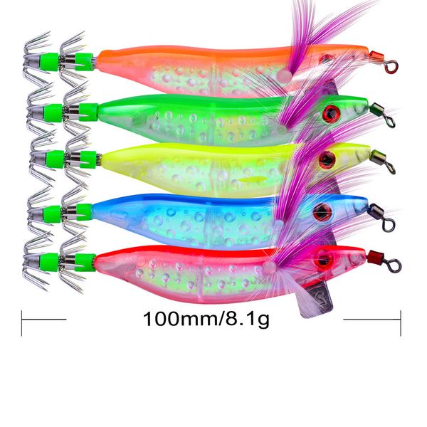 Alta Qualidade 5 Cor 10 CM 8.1G Squid Jigs Pesca de água salgada 5 pcs camarão camarão luminoso para cuttlefish polvo iscas de pesca kit