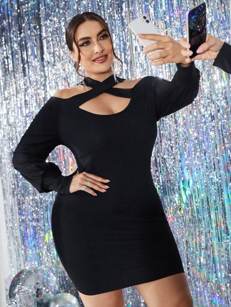 

plus criss cross cold shoulder bishop sleeve bodycon dress j1qd#, Black