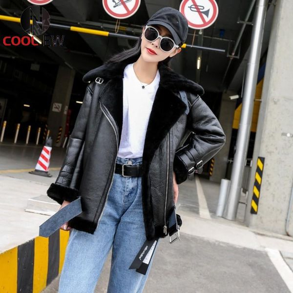 

women's fur & faux winter women luxury real jacket warm wool lining shearling coat genuine leather design boyfriend motor biker female, Black