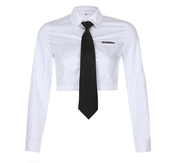 

women's blouses & shirts autumn style letter embroidery tie short section casual long-sleeved shirt, White