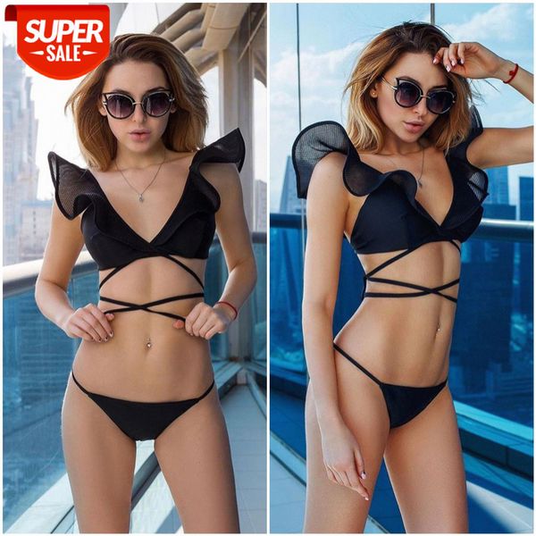 

bathing suits women's split swimsuit mesh flying sleeves bandage bikini 9257 #od1f, White;black