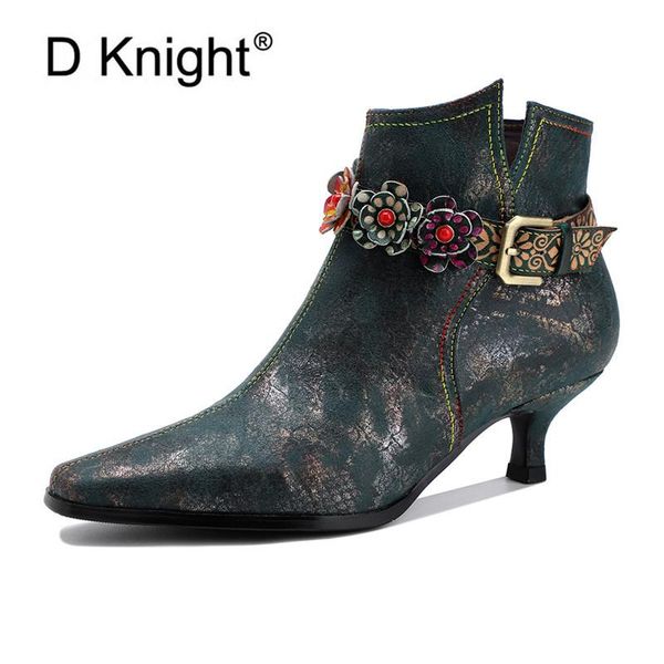 

boots retro british style ankle for woman genuine leather bead flower belt buckle stiletto low small thin heel women short, Black