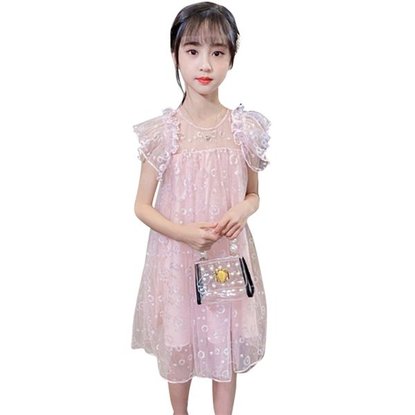 

girls dress mesh es for girl floral pattern party child cute style childrens summer clothing 210528, Red;yellow