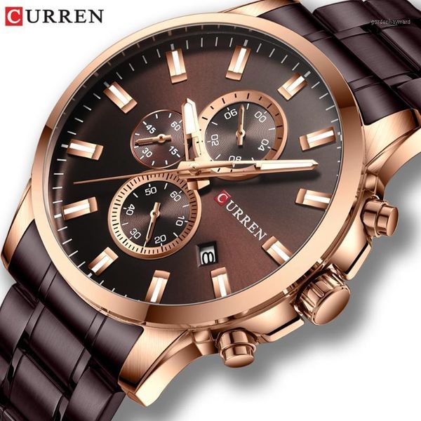 

wristwatches curren fashion casual watch men coffee clock quartz wristwatch stainless steel band chronograph male relogio masculino, Slivery;brown