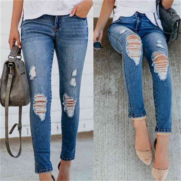 

women's jeans torn jeans, slim stretch women's pencil pants. awwt, Blue