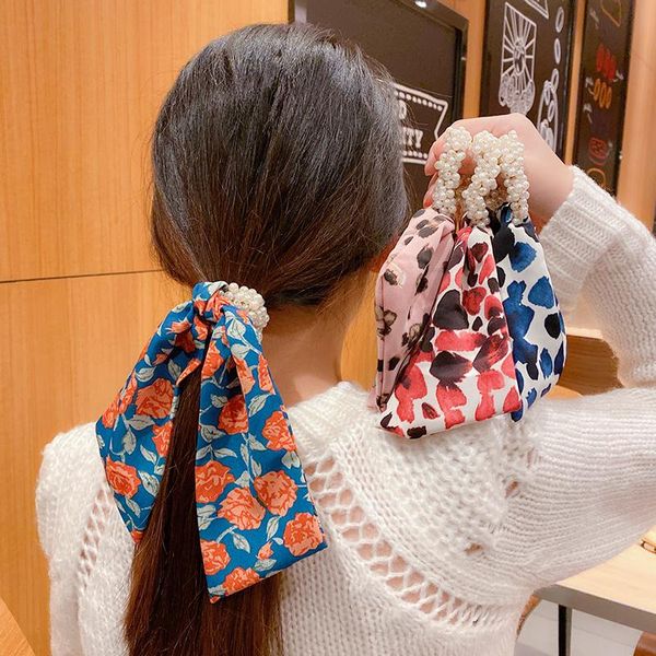 

hair accessories women vintage elegant pearls print ribbon scrunchie tie decoration sweet bands headband fashion