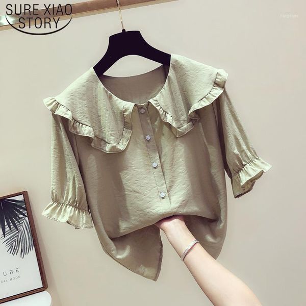 

fashion slim short sleeve women clothing blouses 2021 summer doll collar button solid casual woman clothes 5164 50 women's & shirts, White