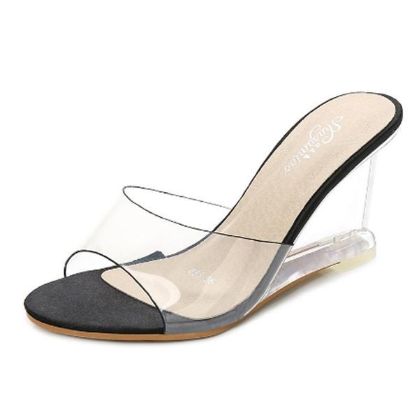 

slippers women's shoes high heels sandals transparent wedding slope casual, Black