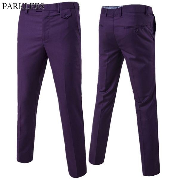

purple slim fit straight dress pants men brand formal office flat-front trousers mens business wedding suit male 210715, Black