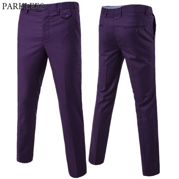 Pantaloni abiti dritti viola slim maschi marca di marchio ufficio formale pantaloni a faccia piatta da uomo abita da sposa maschio 210715