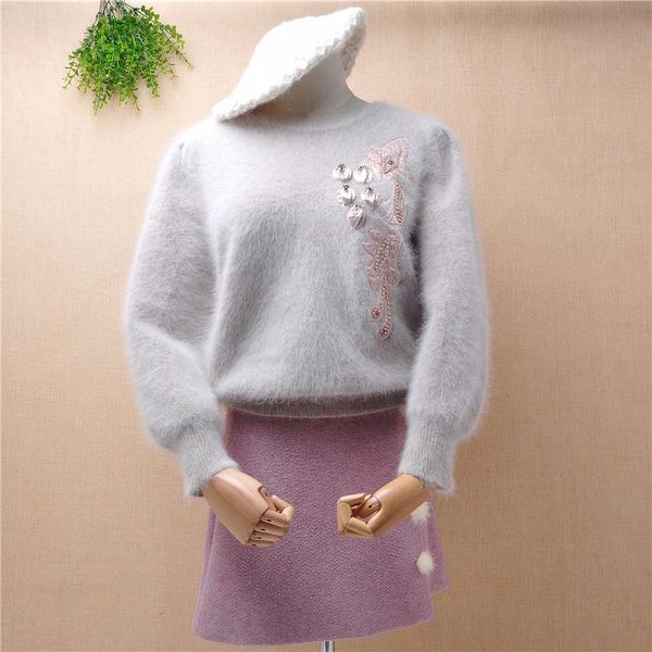 

women's sweaters ladies women vintage beading floral angora fur knitted long sleeves loose pullover mink cashmere winter jumper sweat, White;black