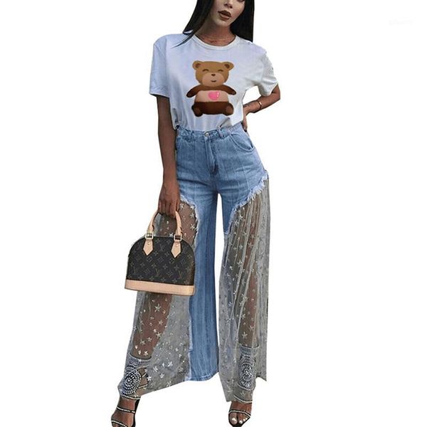 

women's jeans casual lace mesh sequin star spliced women ripped burr tansparent high waist elegant denim wide leg long pants, Blue