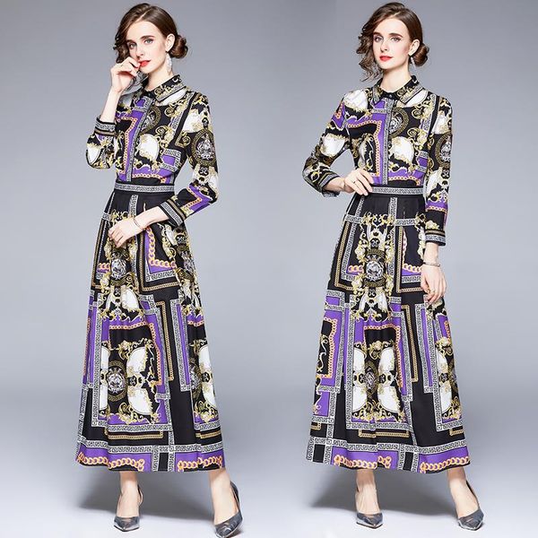 

casual dresses women's spring and autumn retro printed slim-fit long sleeve single-breasted lapel dress, Black;gray