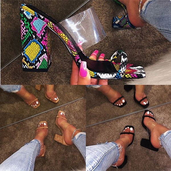 

women plus size slippers summer shoes high heels sandals transparent tape snake skin solid color club chunky hoof heel colorful vintage plai, Black