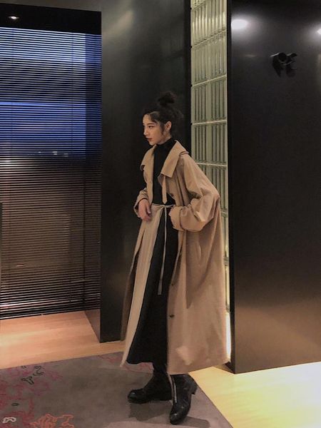 

women's trench coats autumn women 2021 chic windbreaker long coat 18, Tan;black