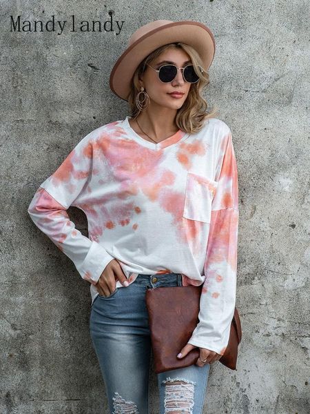 

women's t-shirt mandylandy autumn printed loose fashion casual long sleeve tie-dyed v-neck top, White