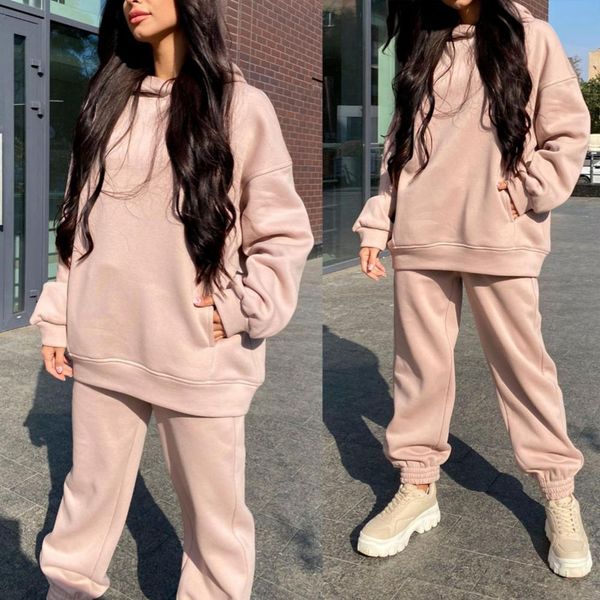 

women tracksuit solid color hooded sweatshirts pullover elastic waist loose ankle tied long pants set women two piece outfits, Gray
