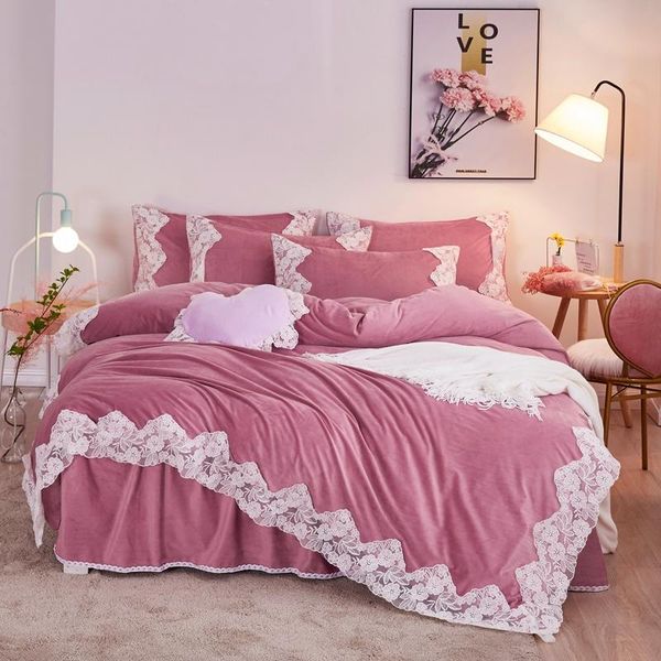 

bedding sets pink green yellow winter velvet white lace princess girl bed cover fleece duvet pillowcases set fabric sheet skirt