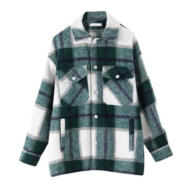

ladies vintage stylish pocket oversized plaid jacket women coat lapel collar long sleeve loose outerwear jacket female ch 210712, Black;brown