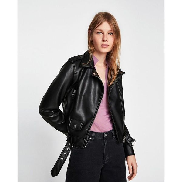 

women's leather & faux 2021 fxfurs loose pu jacket women classic moto biker spring autumn lady basic coat plus size outerwear, Black