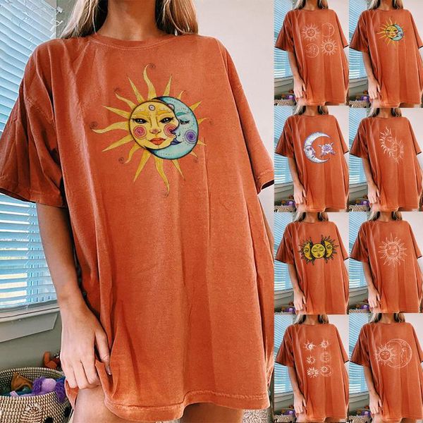 

women's t-shirt women vintage sun moon printed transparent short sleeve slim basic casual 2021 spring yk2, White