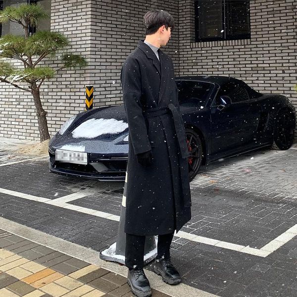 

men's wool & blends overcoat clothing 2021 autumn winter long coat loose korean british thickened belted woolen jacket for male, Black