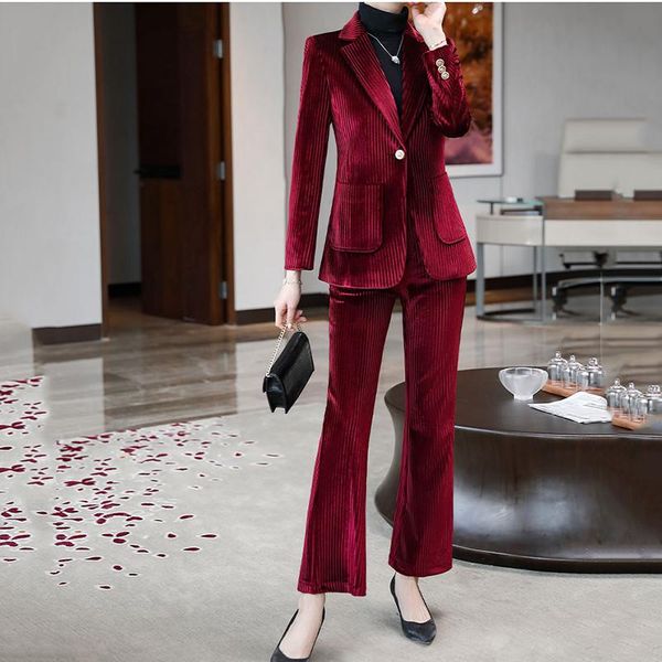 

women's two piece pants gold velvet suit coat female autumn winter wear high-end self-cultivation drape temperament casual professional, White