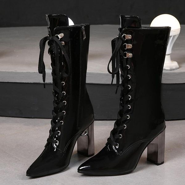 

boots british high-heeled stilettos pointed toe all-match mid-tube women's spring and autumn single-tube, Black