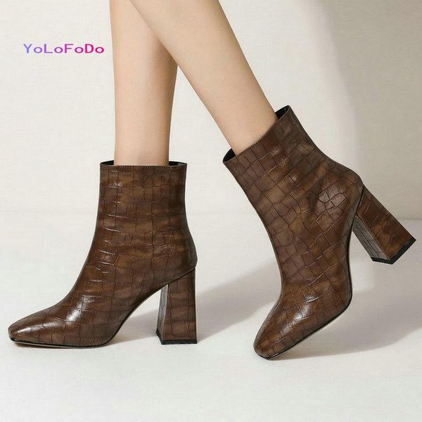 

boots 2021 autumn winter women ankle stone print pu leather ladies square high heel slip on toe woman's black