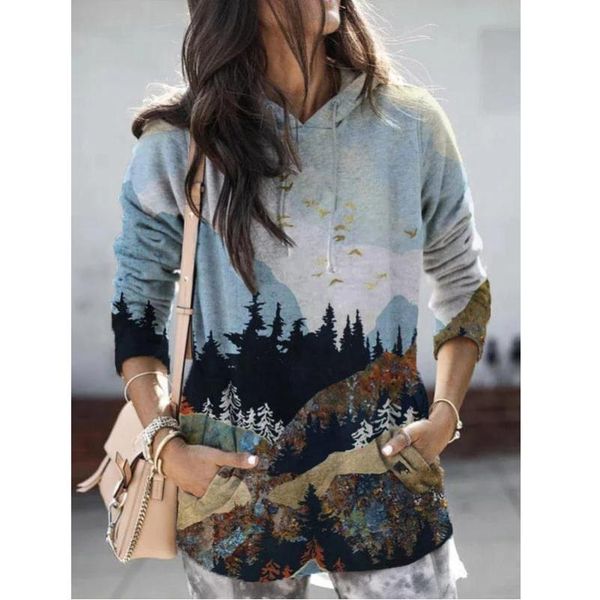 

women's hoodies & sweatshirts autumn sweatshirt women landscape printd hooded long sleeve hoody pullovers clothes, Black