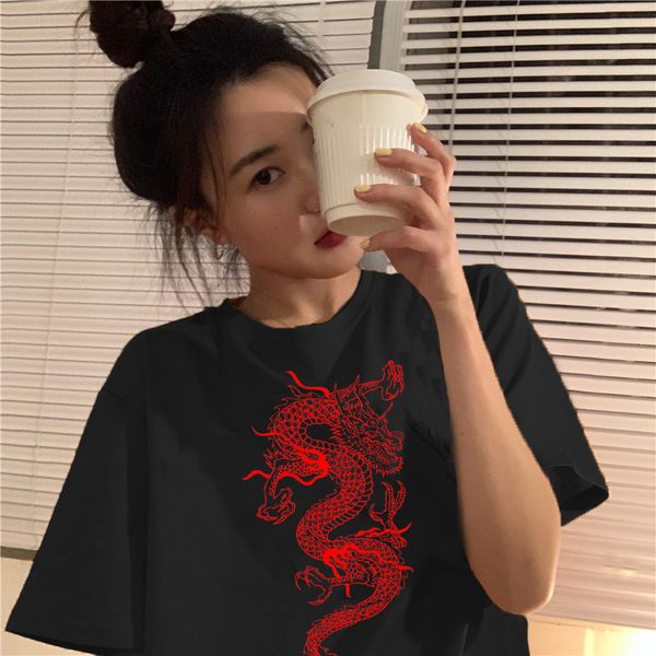

short sleeve t-shirt women dragon print oversize boyfriend style perfect basic tees render unlined upper garment 4 season c0220, White