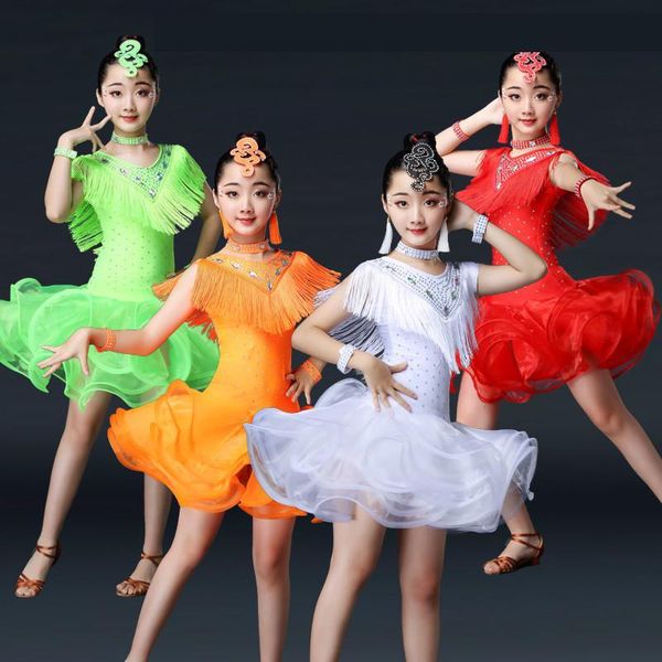 

stage wear design girls latin dance dresses performance clothing professional tassel ballroom dress clothes for kids, Black;red